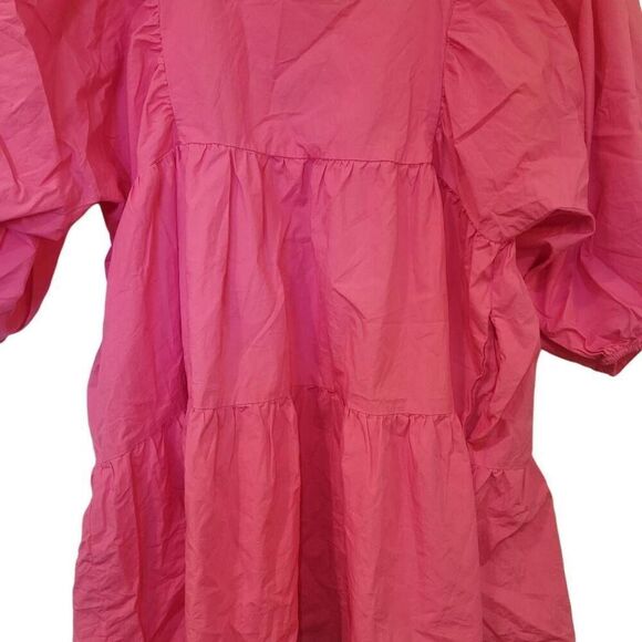 A New Day Women's Hot Pink Cotton Puff Sleeves Baby Doll Tiered Dress w Pockets - Picture 6 of 16